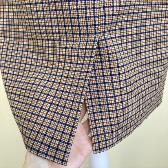 Vintage 80s Plaid Wool Blend Pencil Midi Skirt Tan/Blue Academia Preppy Sz XS - Picture 9 of 15